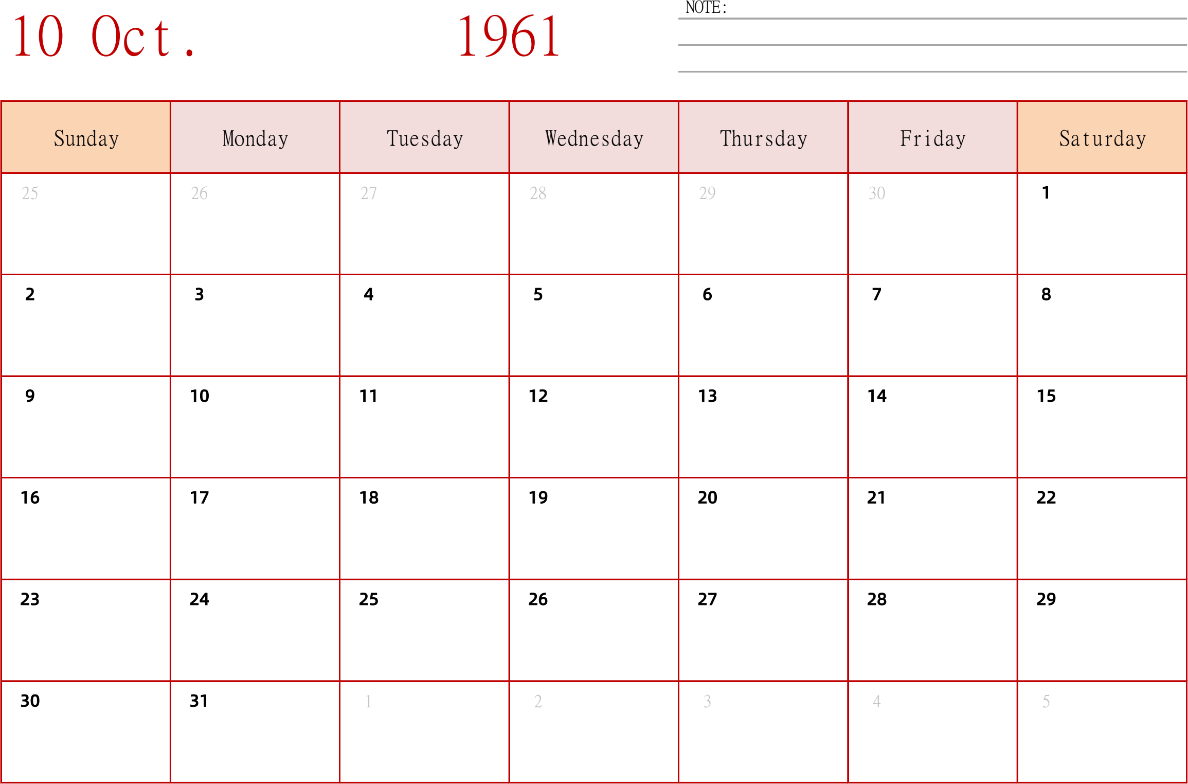 日历表1961年日历 英文版 横向排版 周日开始